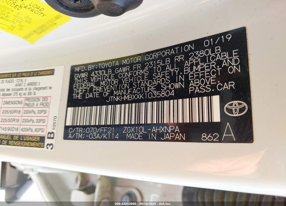 2019 TOYOTA C-HR VIN: JTNKHMBXXK1035804