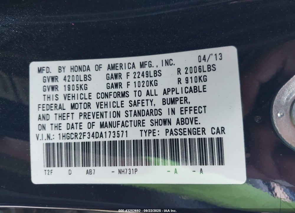 2013 HONDA ACCORD LX VIN: 1HGCR2F34DA173571