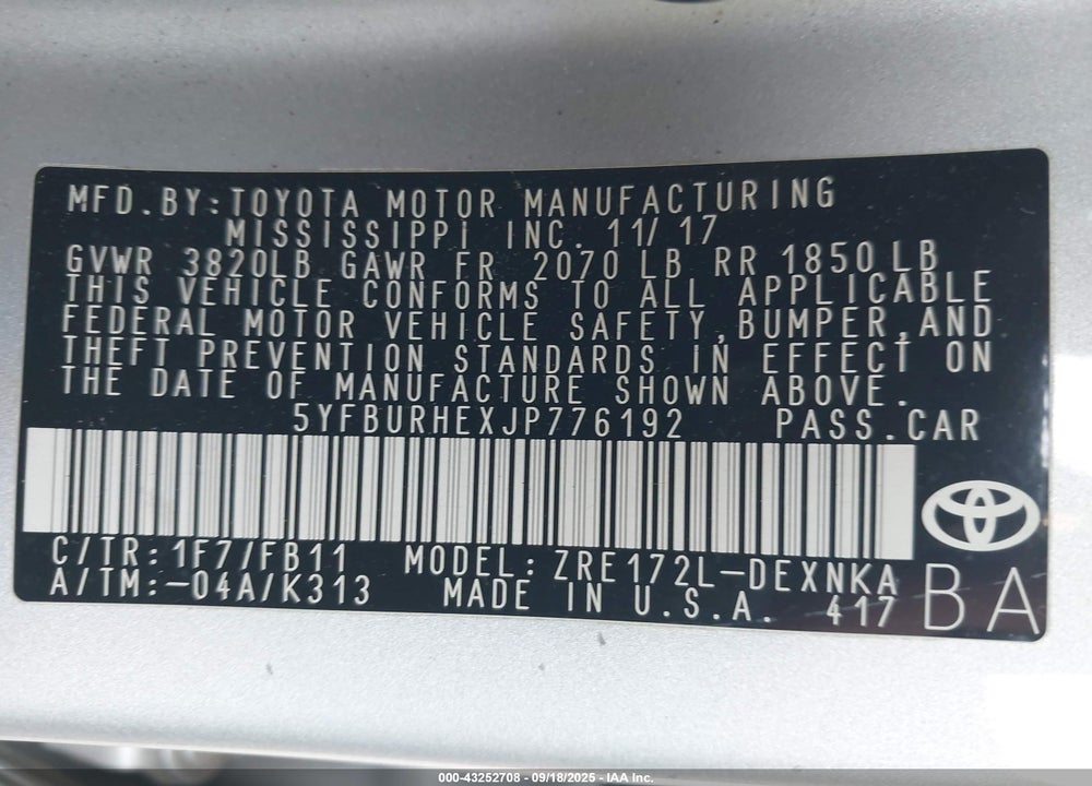 2018 TOYOTA COROLLA VIN: 5YFBURHEXJP776192