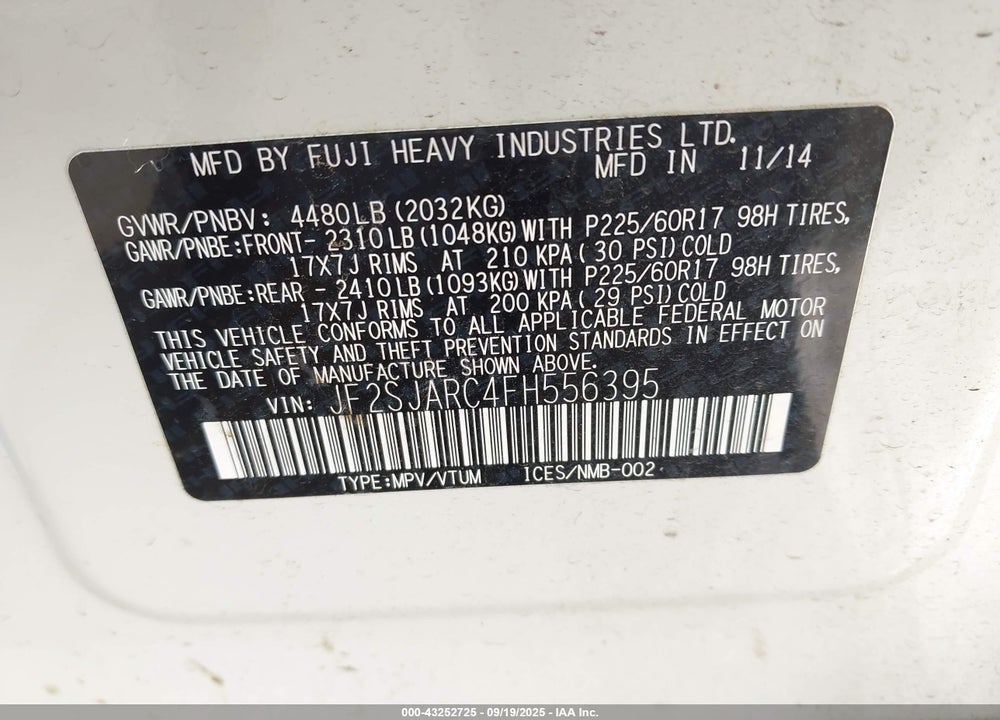 2015 SUBARU FORESTER 2.5I LIMITED VIN: JF2SJARC4FH556395