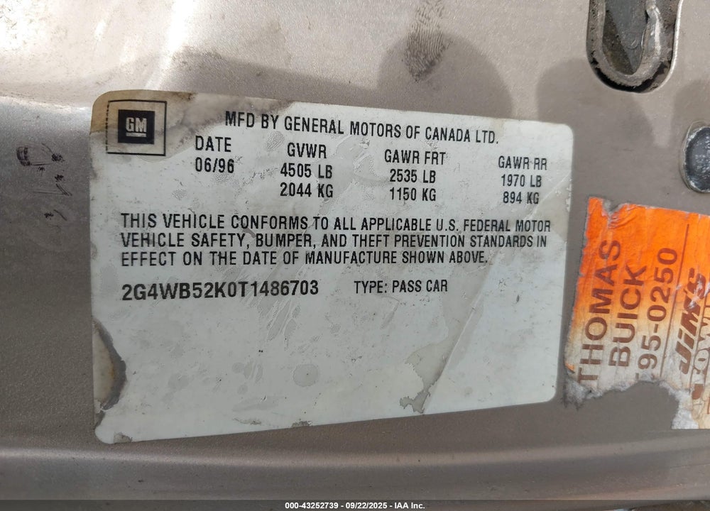 1996 BUICK REGAL CUSTOM VIN: 2G4WB52K0T1486703