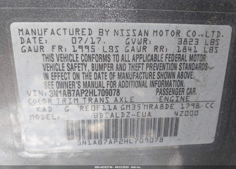 2017 NISSAN SENTRA SV VIN: 3N1AB7AP2HL709078