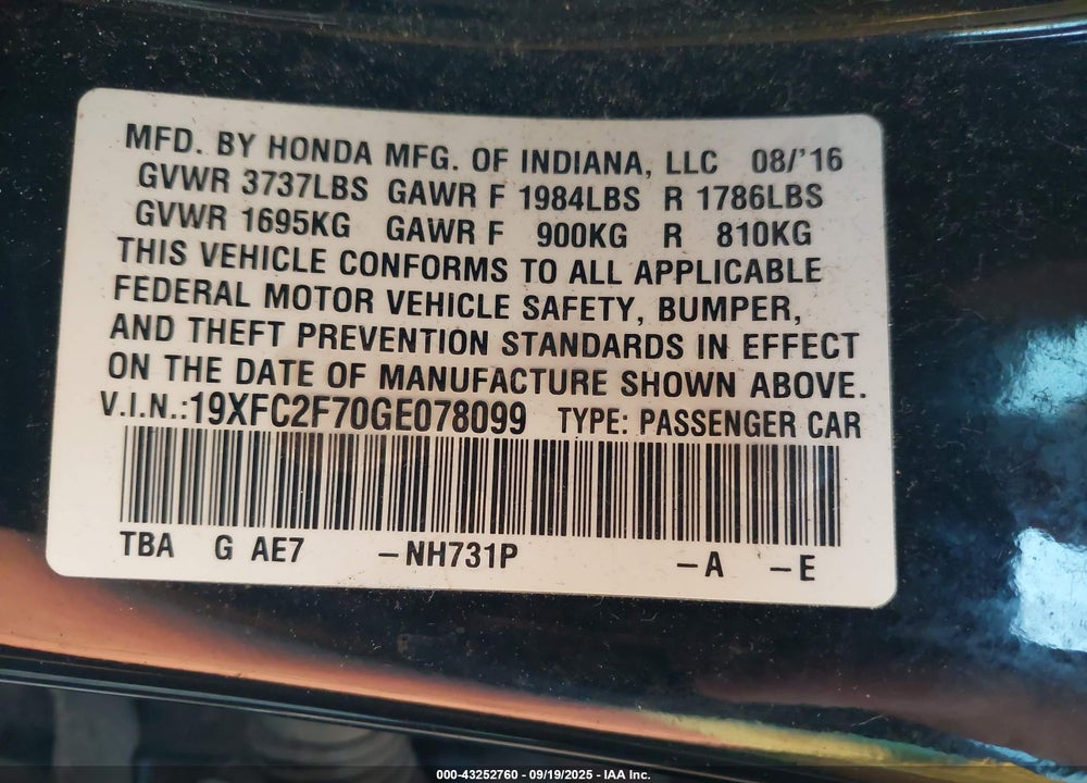 2016 HONDA CIVIC VIN: 19XFC2F70GE078099