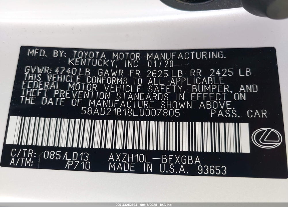 2020 LEXUS ES 300H VIN: 58AD21B18LU007805