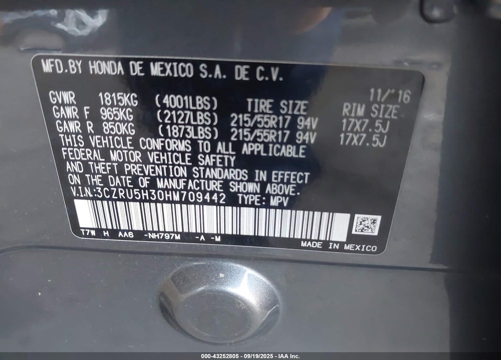 2017 HONDA HR-V VIN: 3CZRU5H30HM709442