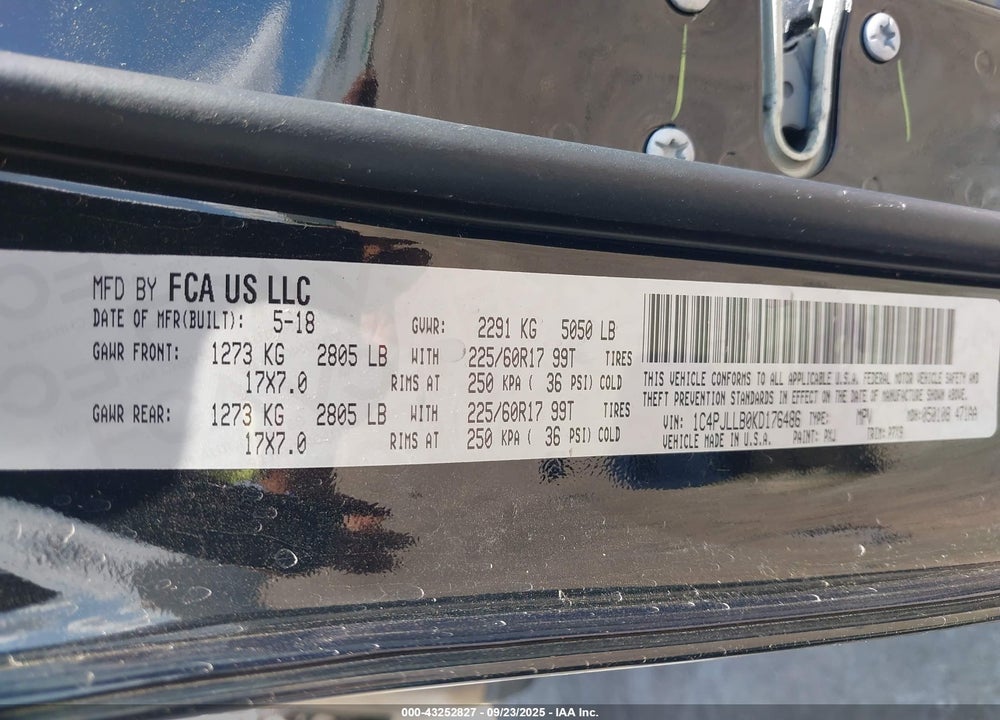 2019 JEEP CHEROKEE VIN: 1C4PJLLB0KD176486