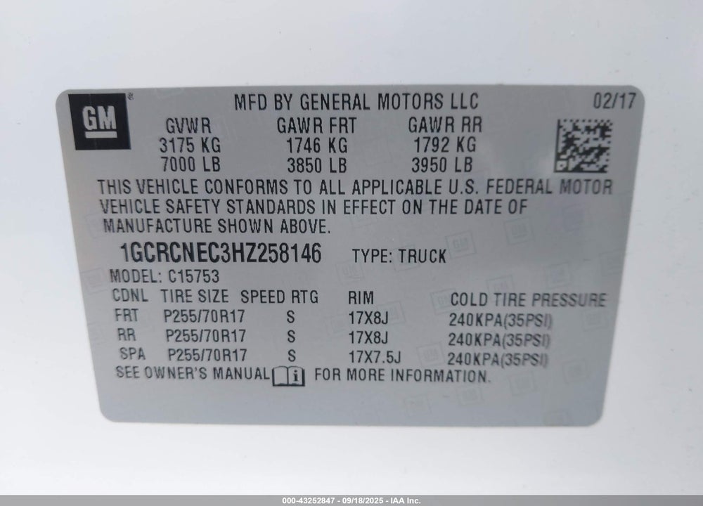 2017 CHEVROLET SILVERADO 1500 VIN: 1GCRCNEC3HZ258146