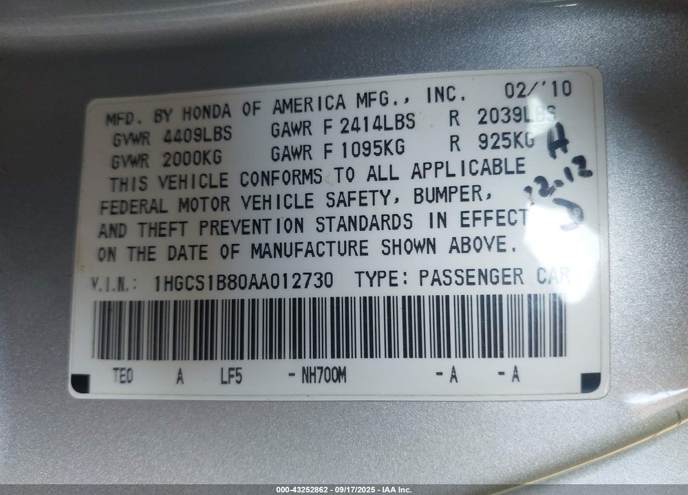 2010 HONDA ACCORD VIN: 1HGCS1B80AA012730