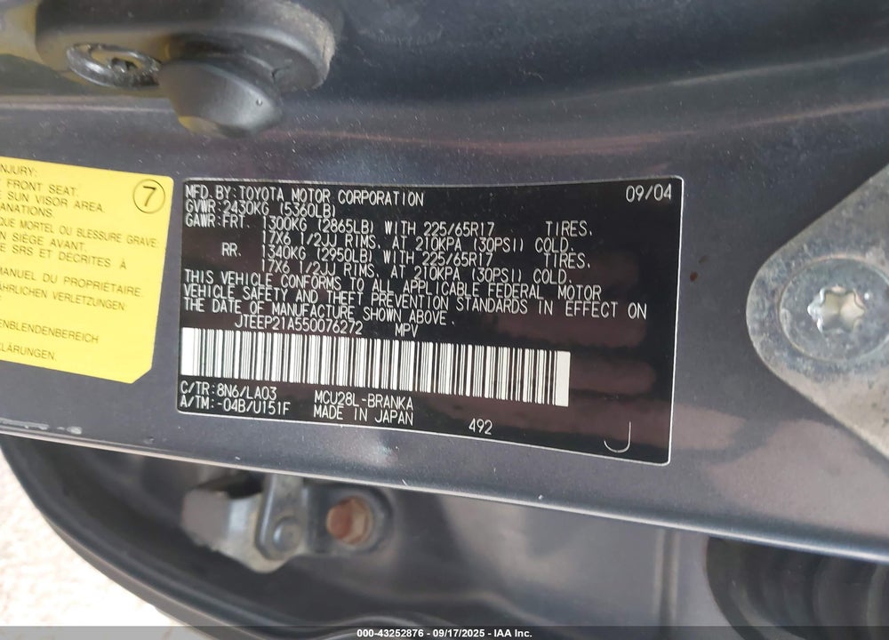 2005 TOYOTA HIGHLANDER LIMITED V6 VIN: JTEEP21A550076272