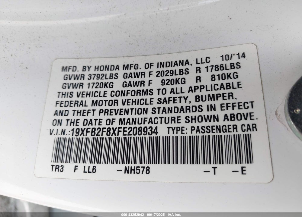 2015 HONDA CIVIC EX VIN: 19XFB2F8XFE208934
