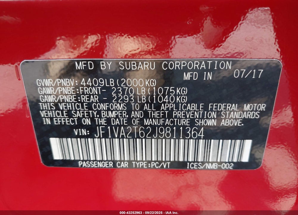 2018 SUBARU WRX VIN: JF1VA2T62J9811364