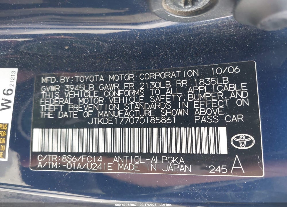 2007 SCION TC VIN: JTKDE177070185861
