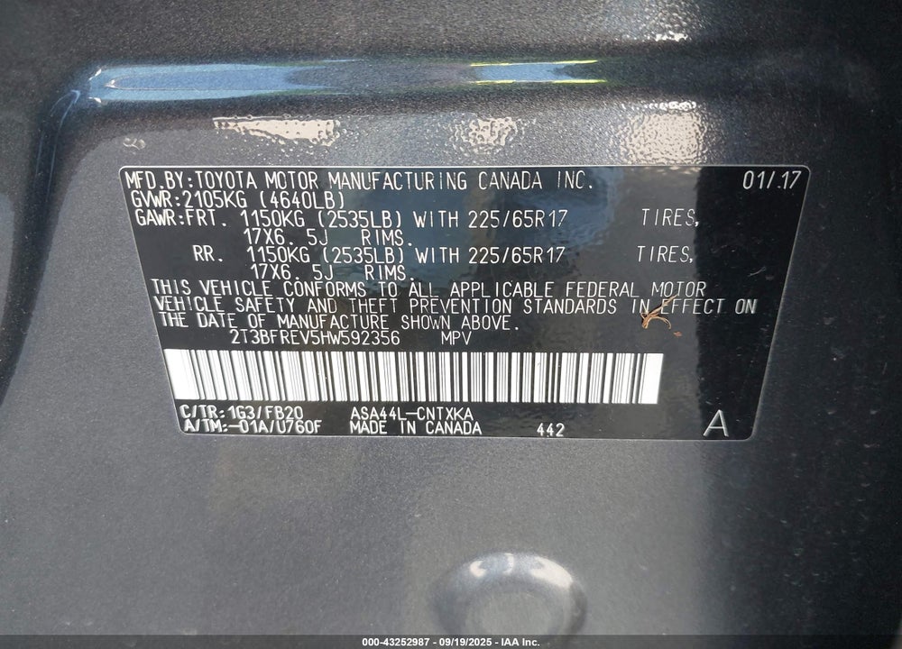 2017 TOYOTA RAV4 VIN: 2T3BFREV5HW592356