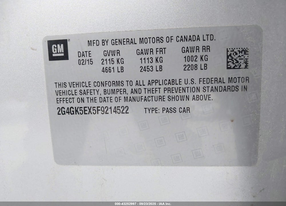 2015 BUICK REGAL VIN: 2G4GK5EX5F9214522