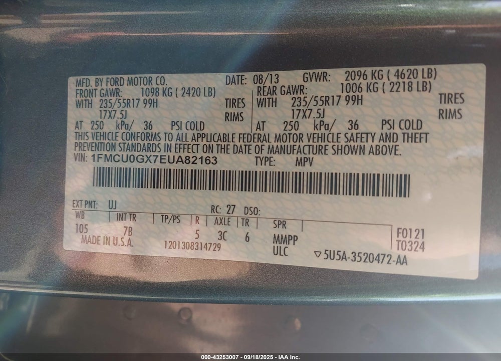 2014 FORD ESCAPE VIN: 1FMCU0GX7EUA82163