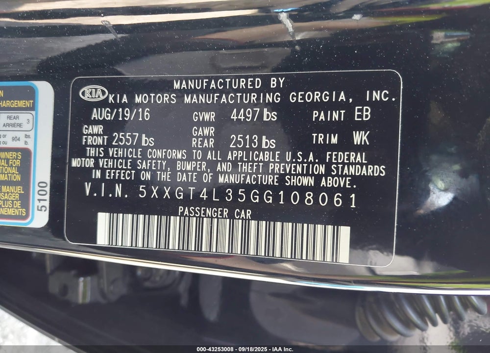 2016 KIA OPTIMA VIN: 5XXGT4L35GG108061