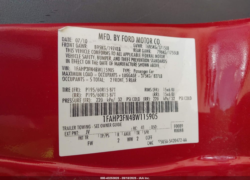 2011 FORD FOCUS SE VIN: 1FAHP3FN4BW115905