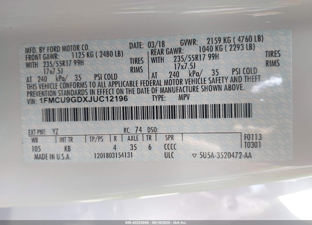 2018 FORD ESCAPE VIN: 1FMCU9GDXJUC12196