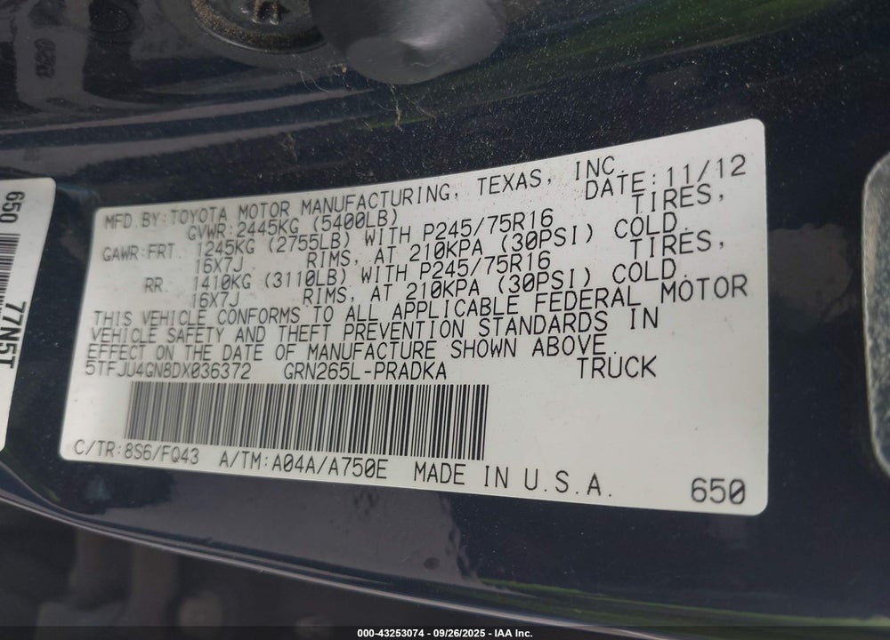 2013 TOYOTA TACOMA PRERUNNER V6 VIN: 5TFJU4GN8DX036372