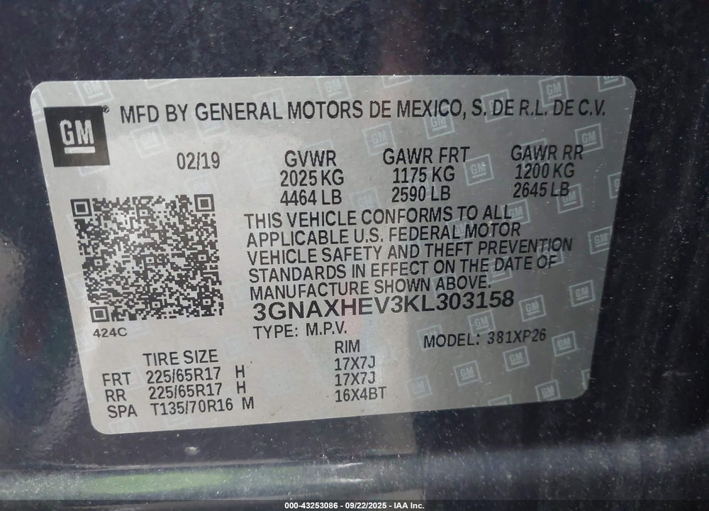 2019 CHEVROLET EQUINOX VIN: 3GNAXHEV3KL303158