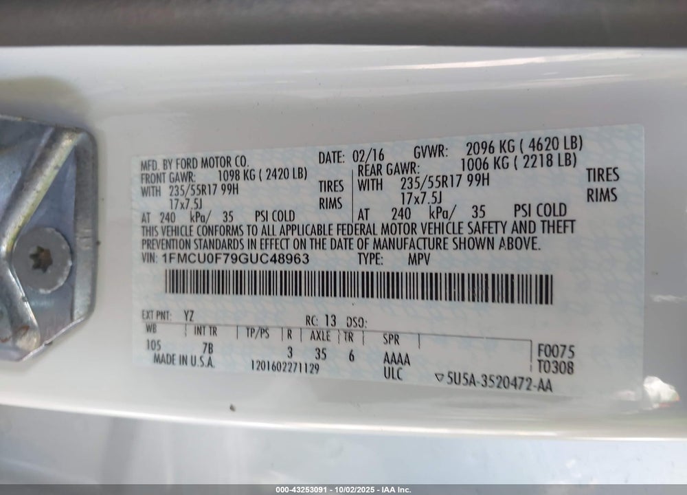 2016 FORD ESCAPE S VIN: 1FMCU0F79GUC48963