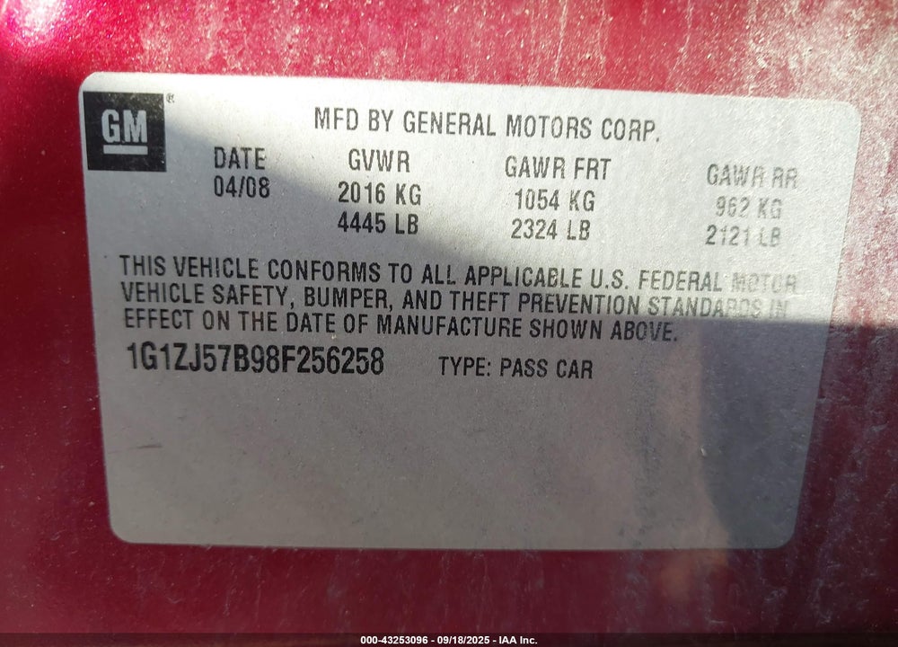 2008 CHEVROLET MALIBU LT VIN: 1G1ZJ57B98F256258