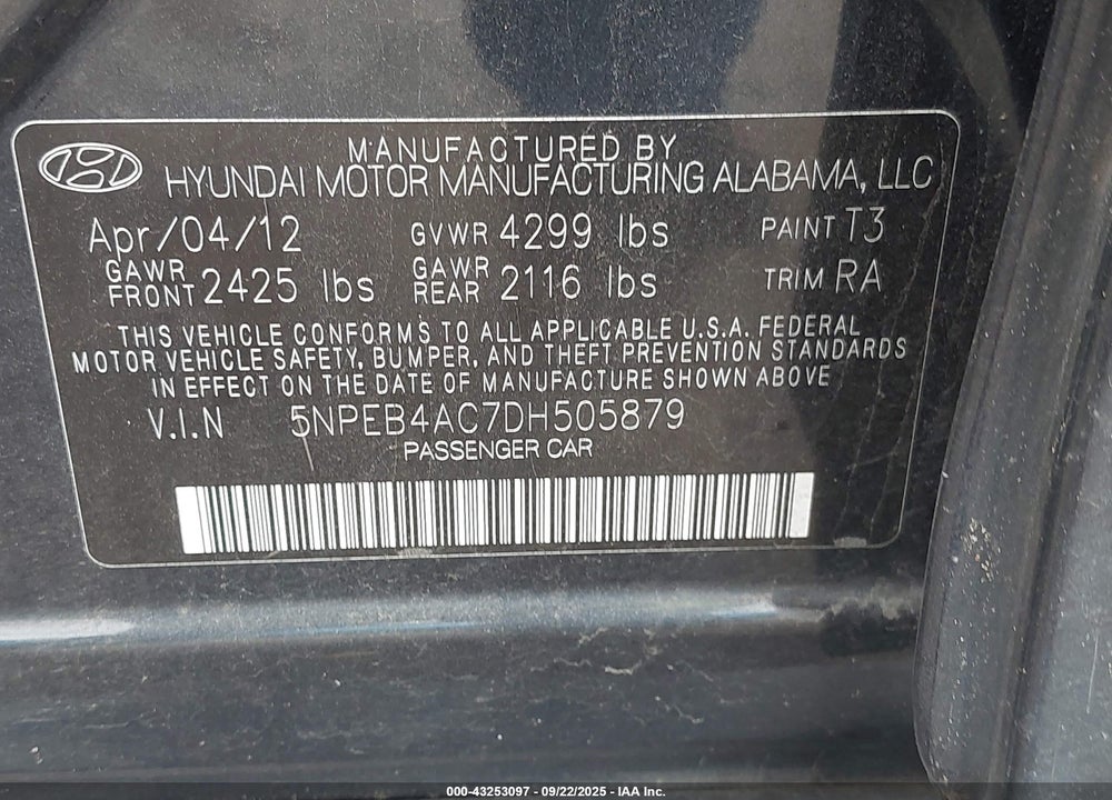 2013 HYUNDAI SONATA VIN: 5NPEB4AC7DH505879
