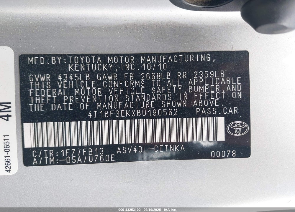 2011 TOYOTA CAMRY VIN: 4T1BF3EKXBU190562