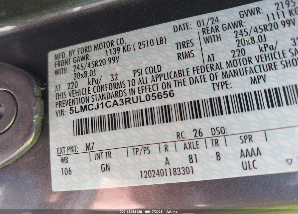 2024 LINCOLN CORSAIR VIN: 5LMCJ1CA3RUL05656
