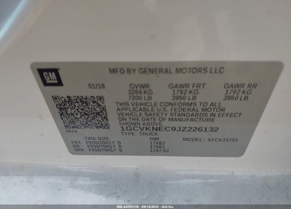 2018 CHEVROLET SILVERADO 1500 WT VIN: 1GCVKNEC9JZ226132
