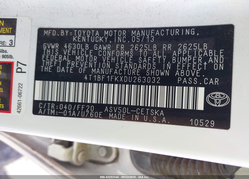 2013 TOYOTA CAMRY SE VIN: 4T1BF1FKXDU263032