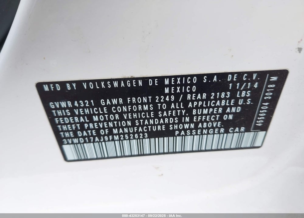 2015 VOLKSWAGEN JETTA VIN: 3VWD17AJ9FM252623