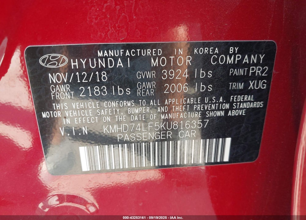 2019 HYUNDAI ELANTRA VIN: KMHD74LF5KU816357