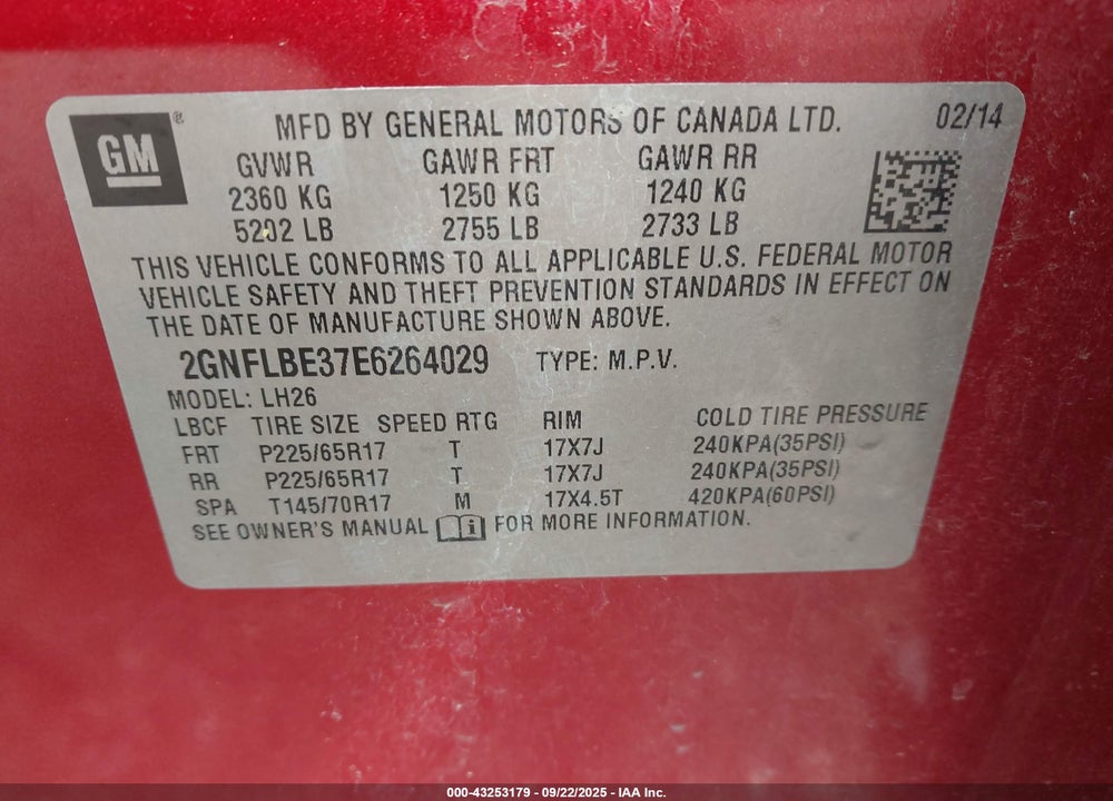 2014 CHEVROLET EQUINOX VIN: 2GNFLBE37E6264029