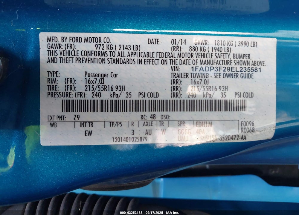 2014 FORD FOCUS VIN: 1FADP3F29EL235581