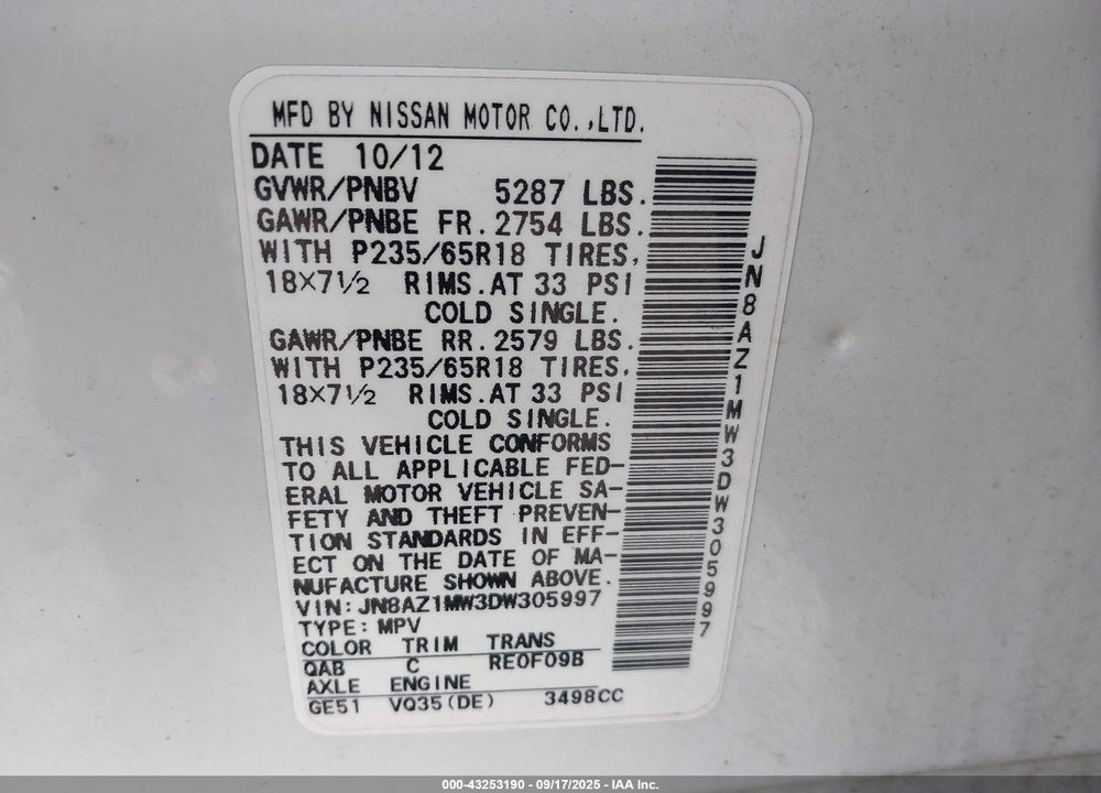2013 NISSAN MURANO VIN: JN8AZ1MW3DW305997