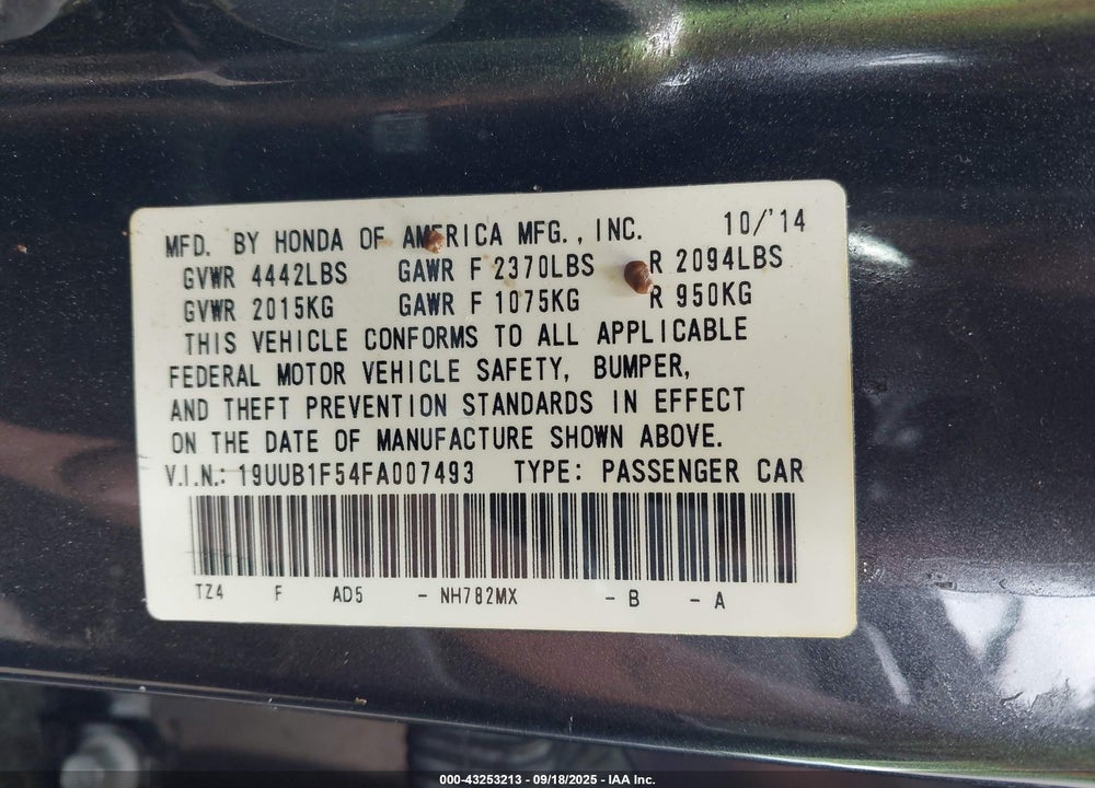 2015 ACURA TLX VIN: 19UUB1F54FA007493
