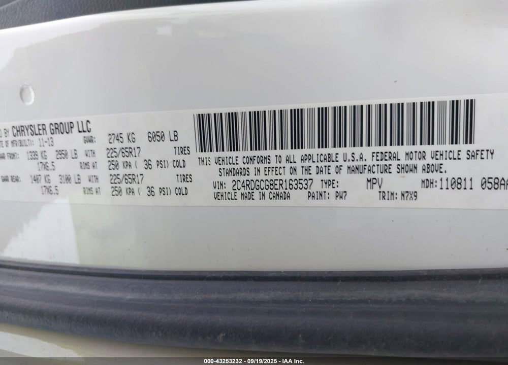 2014 DODGE GRAND CARAVAN VIN: 2C4RDGCG8ER163537