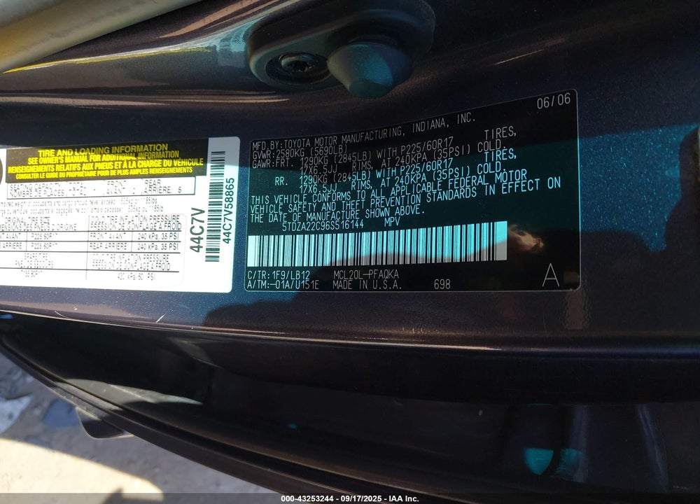 2006 TOYOTA SIENNA VIN: 5TDZA22C96S516144