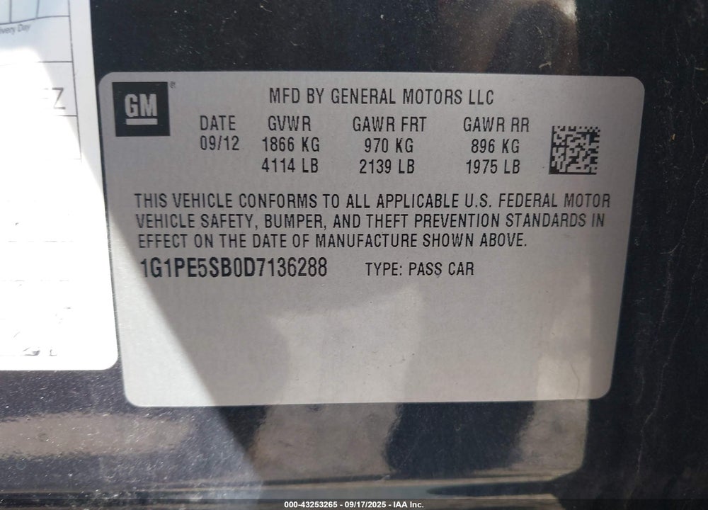 2013 CHEVROLET CRUZE VIN: 1G1PE5SB0D7136288