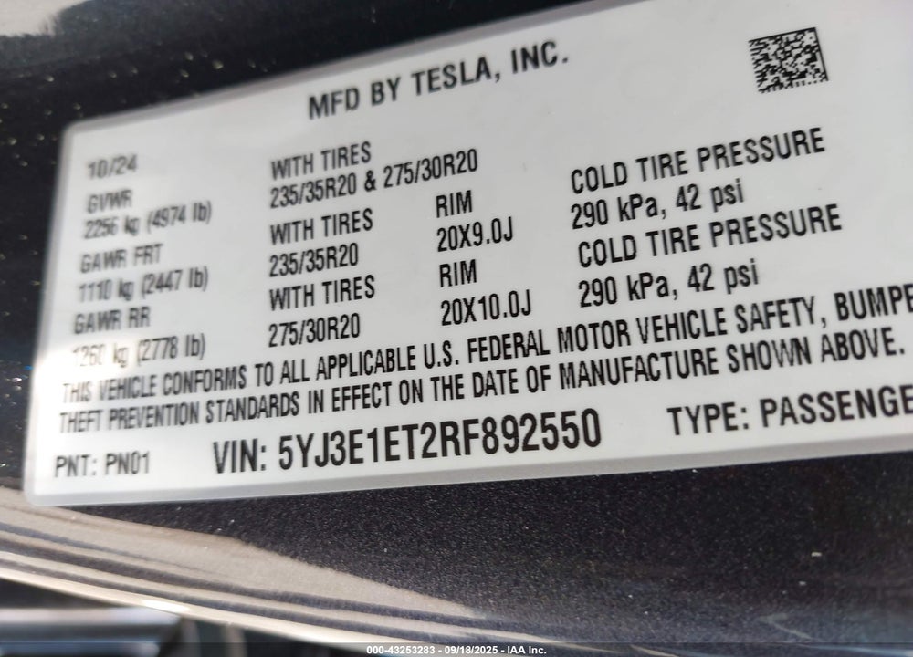 2024 TESLA MODEL 3 VIN: 5YJ3E1ET2RF892550