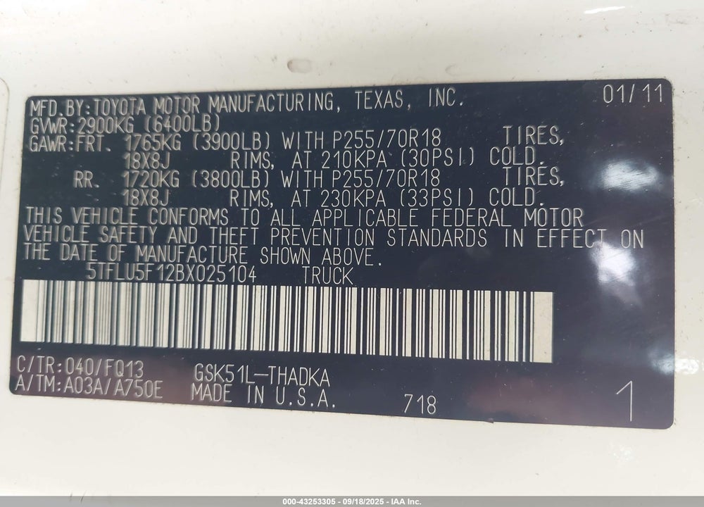 2011 TOYOTA TUNDRA VIN: 5TFLU5F12BX025104