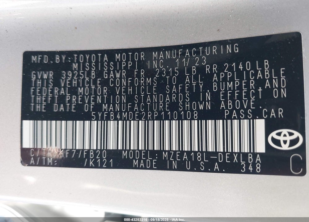 2024 TOYOTA COROLLA VIN: 5YFB4MDE2RP110108