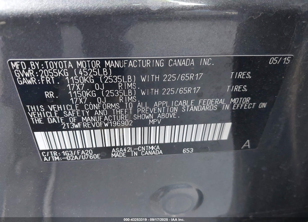 2015 TOYOTA RAV4 VIN: 2T3WFREV0FW196902