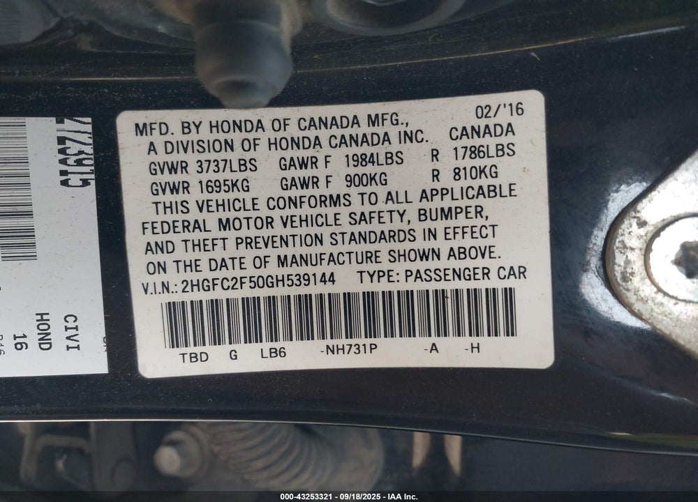 2016 HONDA CIVIC VIN: 2HGFC2F50GH539144