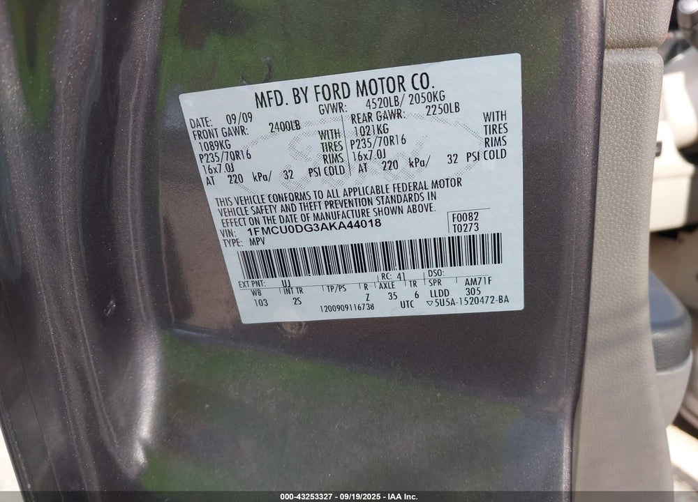2010 FORD ESCAPE XLT VIN: 1FMCU0DG3AKA44018