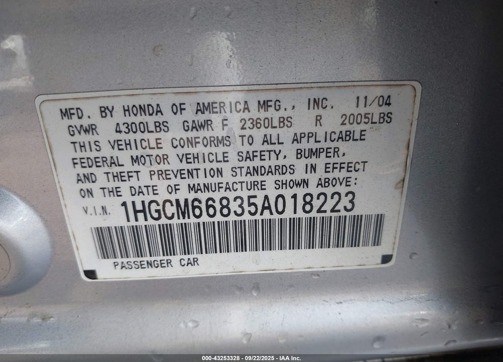2005 HONDA ACCORD VIN: 1HGCM66835A018223