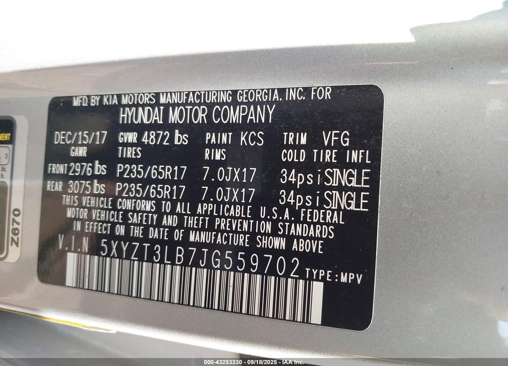 2018 HYUNDAI SANTA FE VIN: 5XYZT3LB7JG559702