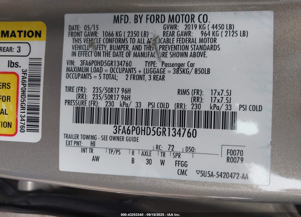 2016 FORD FUSION VIN: 3FA6P0HD5GR134760