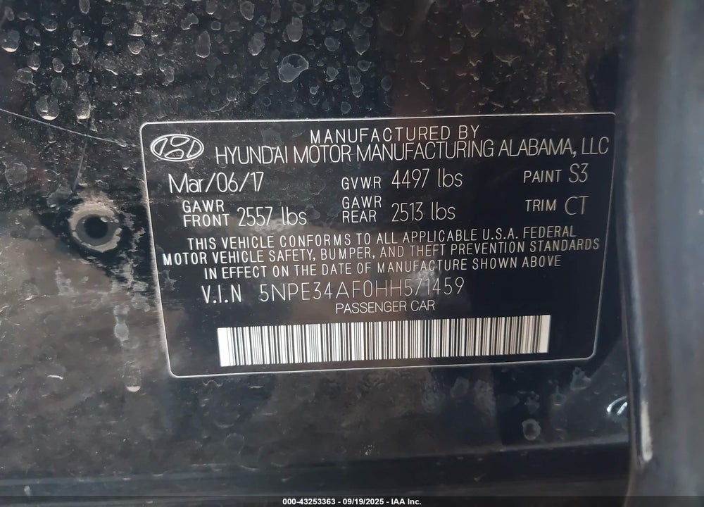 2017 HYUNDAI SONATA VIN: 5NPE34AF0HH571459